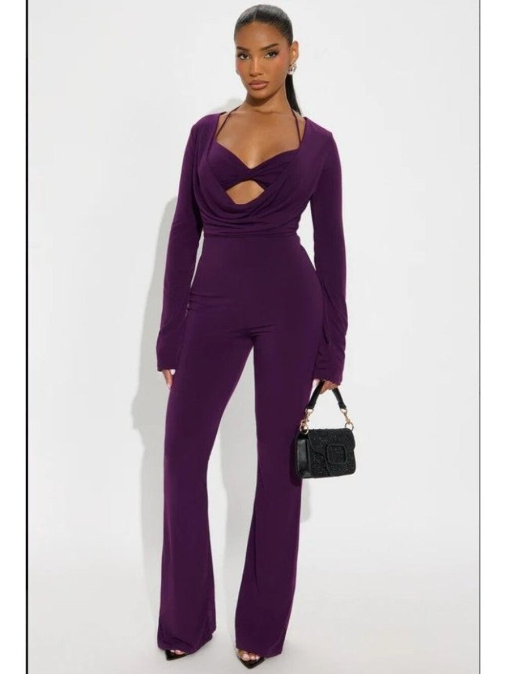 Plum Long-Sleeve Halter Jumpsuit – Size XL, Brand New